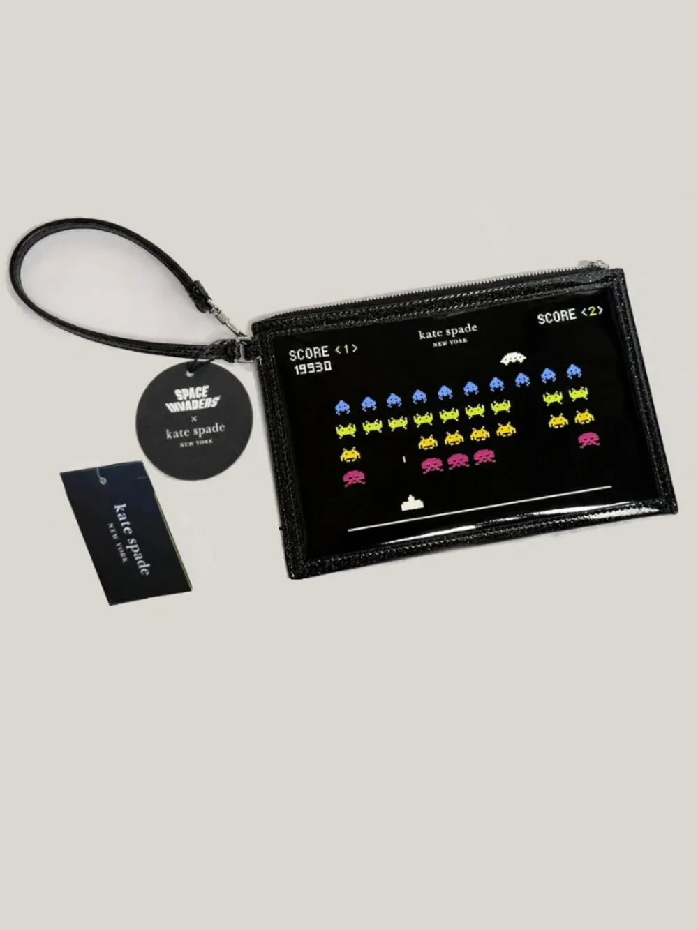 Space Invaders x Kate Spade Glitter Patent Wristlet KI754 NWT Black